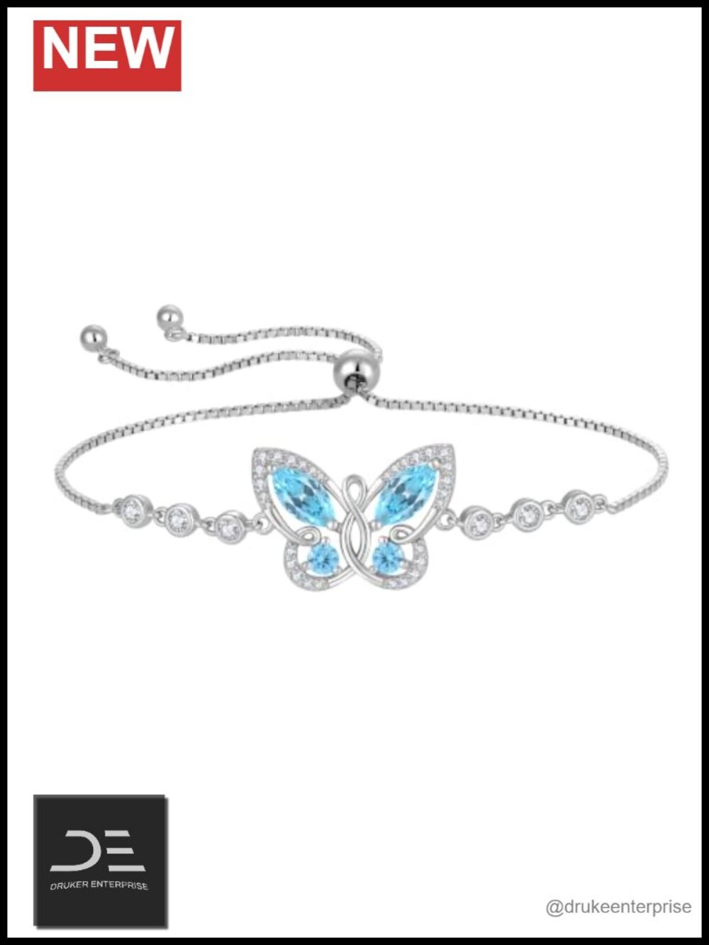 Sterling Silver Butterfly Birthstone Bracelet Cubic Zirconia Charm Link Bolo